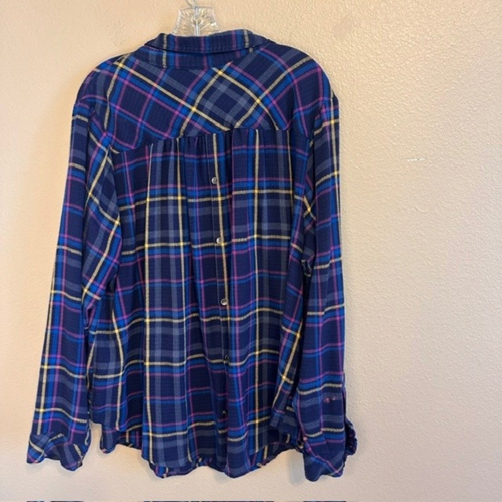 Torrid Navy Blue Plaid Crinkle Gauze‎ Button Back Tunic Long Sleeve Blouse 3X - Picture 7 of 8
